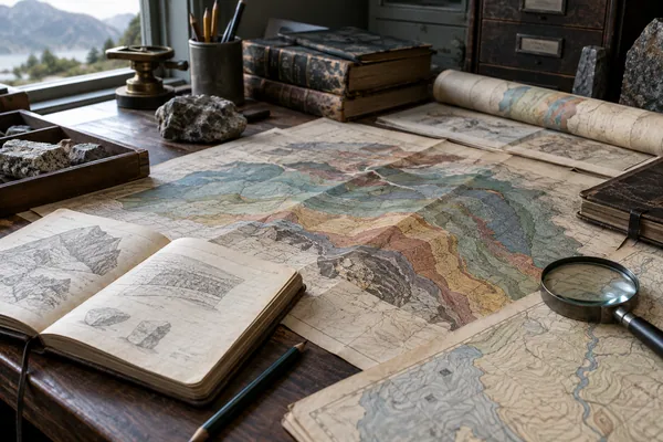 Geological maps and notebooks on an archive desk
