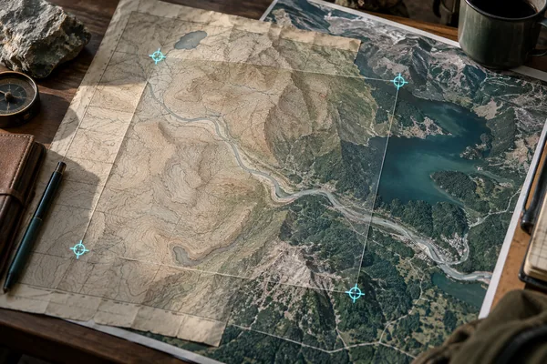 Historical map aligned with modern aerial imagery