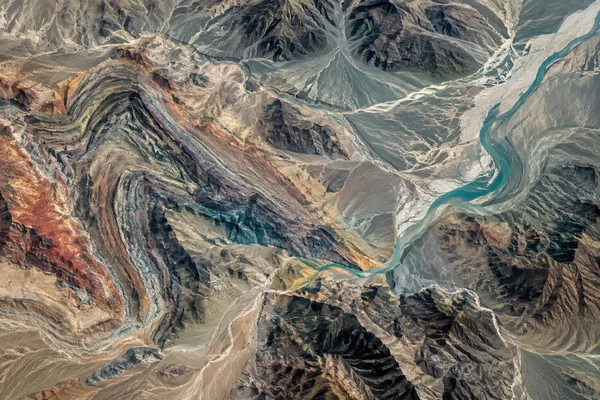 Satellite view of mountain geology and drainage