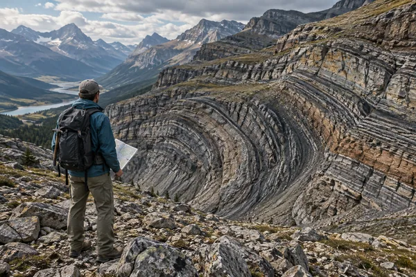 Geologist surveying exposed rock formations