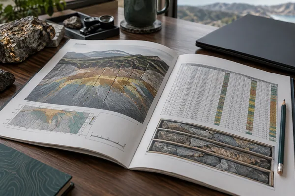 Technical report with geological sections and tables