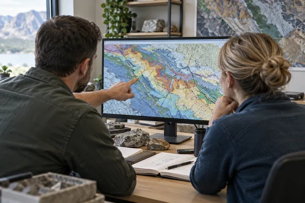 Geoscientists working together with a geological map